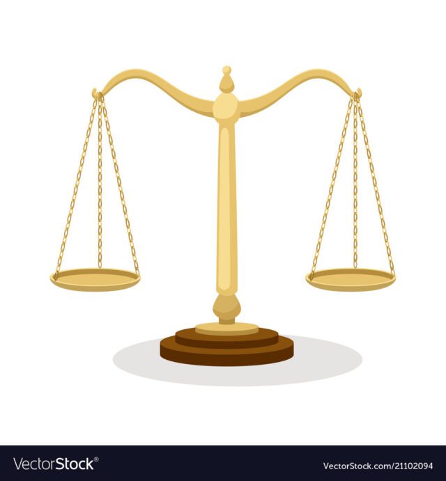 Equilibrium scales. Standing balance judicial scales isolated on white, court concept cartoon vector